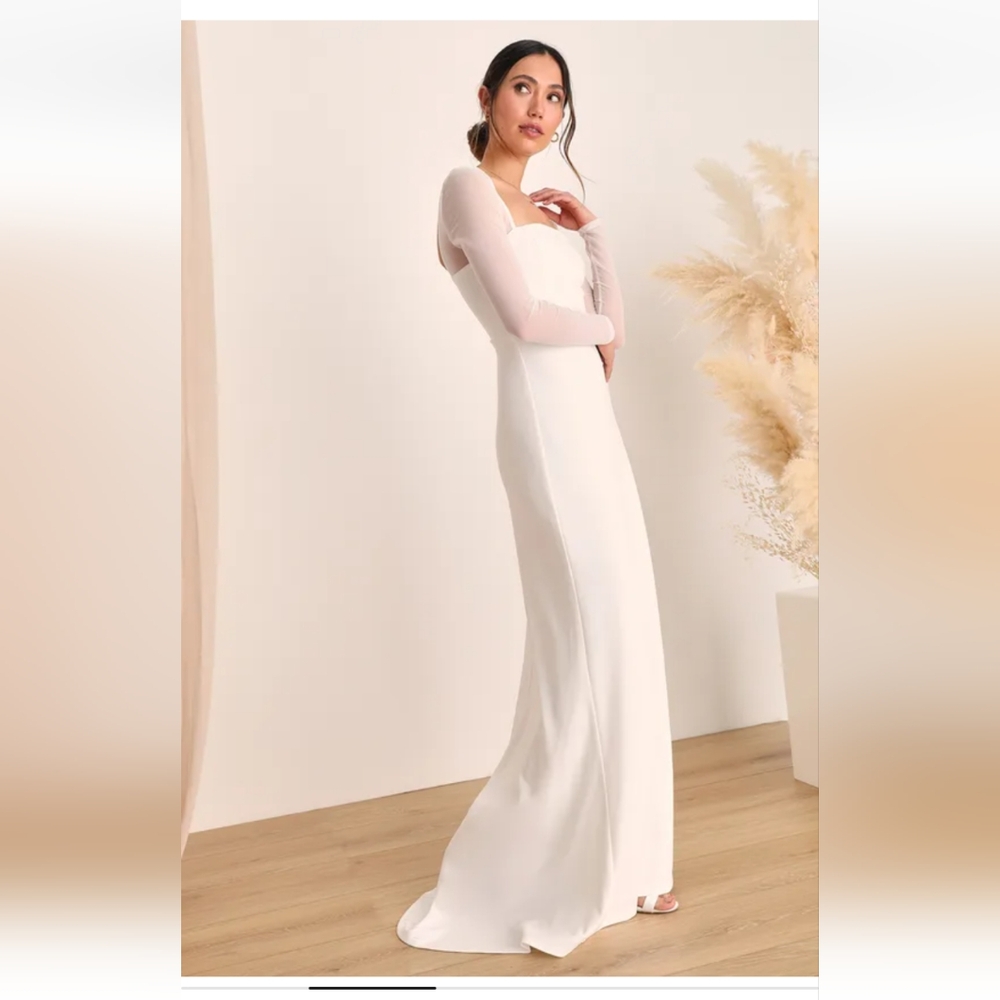 Lulus Lovingly Yours White Mesh Long Sleeve Maxi Bridal Wedding Dress - Picture 2 of 15